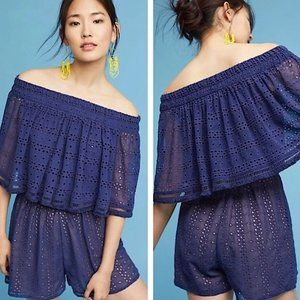 Anthropologie Ranna Gill Embroidered Navy Tiered Eyelet Off Shoulder Romper